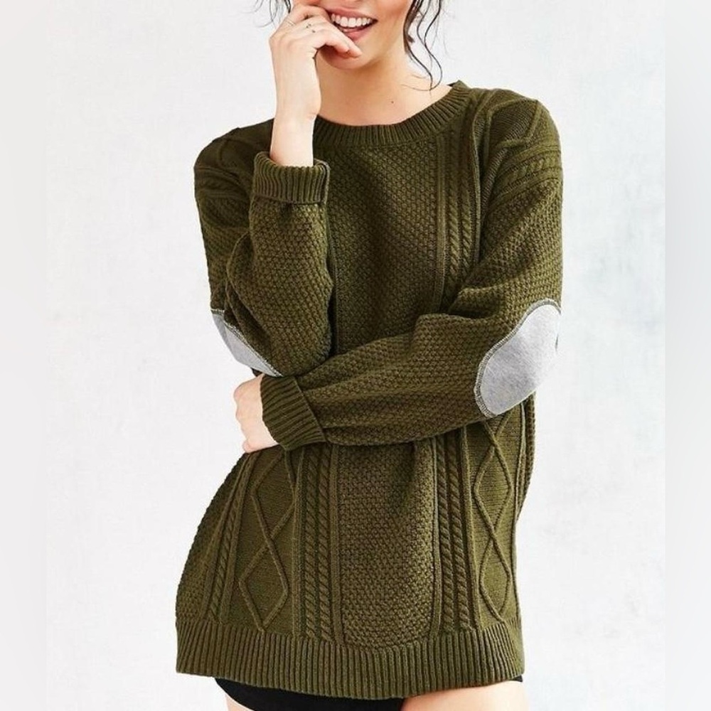 URBAN OUTFITTERS GREEN CABLE KNIT ELBOW PAD SWEATER